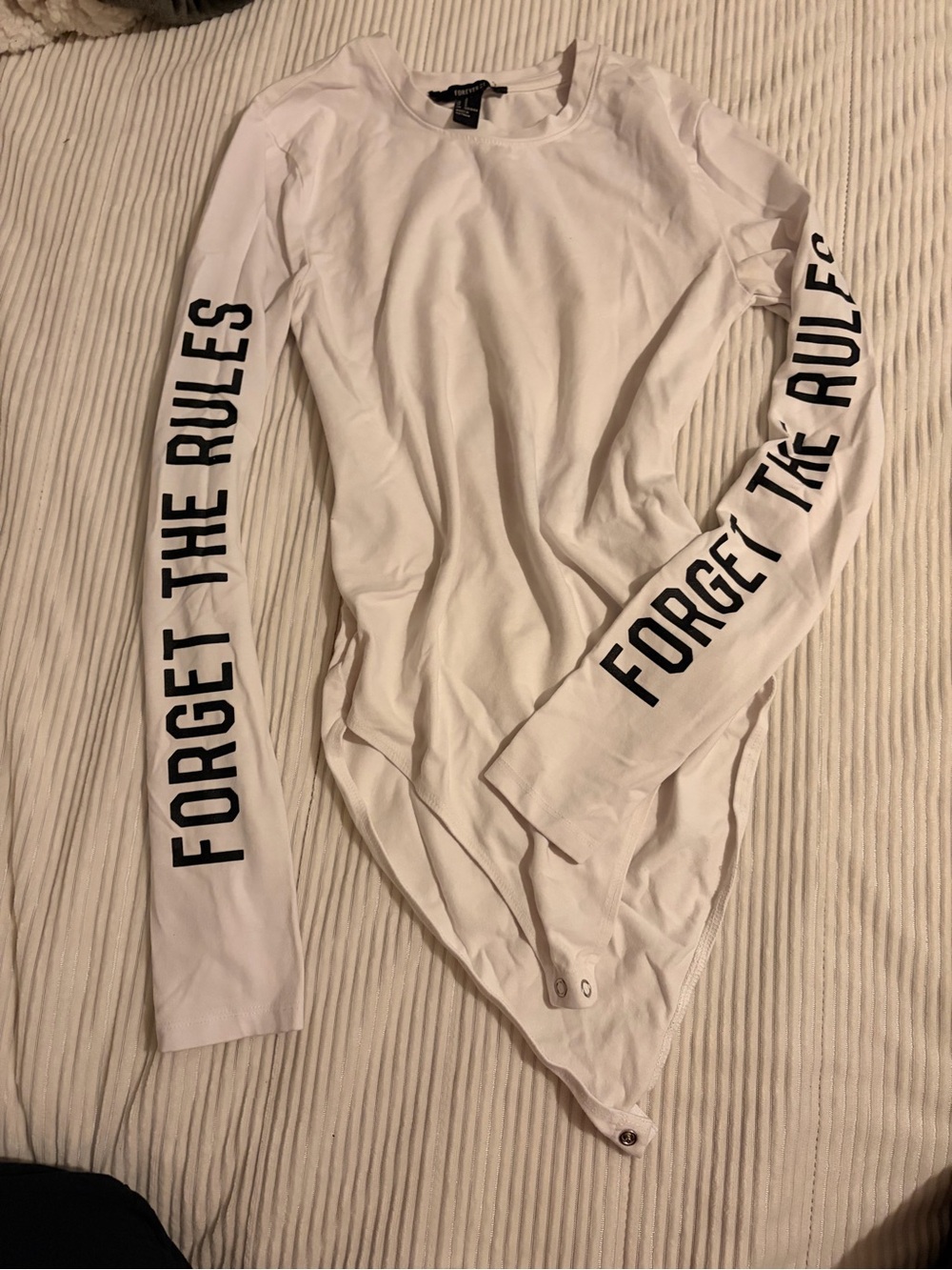 Forever 21 White Long-Sleeve Bodysuit Tee with Black Sleeve Text